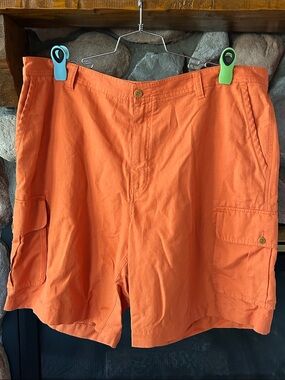J.L.Powell Men's Orange Cotton Linen 6-Pocket Cargo Shorts , Size 44